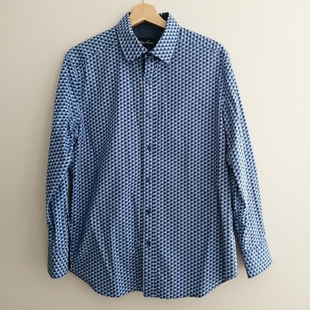 Robert Graham Men's Blue Geometric Button Dress Shirt Flip Cuff Size 15.5 32/33